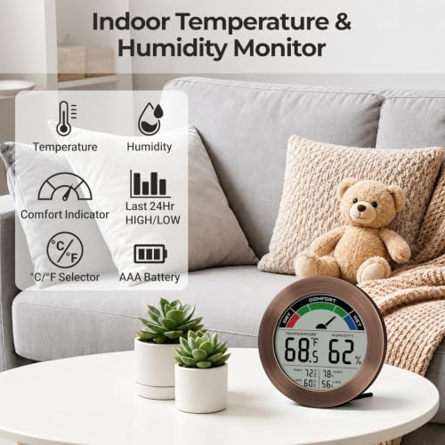 Digital Hygrometer Indoor Thermometer, Brushed Metal Frame, Bronze | Large round display, clear digits, accurate readings, comfort gauge, humidity meter, room temperature and humidity monitor - color: Bronze