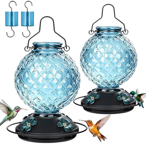 2 Pack 25 OZ Glass Hummingbird Feeder for Outdoors, Leak Proof Hummingbird Feeder with Ant Moat, 4 Bee Resistant Feeding Ports, Easy Clean Wide Mouth Design, Hanging Nectar Feeder, Blue - color: Blue - 2