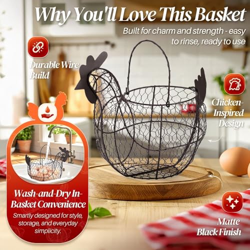 Flexzion Egg Basket for Gathering Fresh Eggs, Black Wire Chicken Egg Collecting Basket Countertop, 24-Egg Metal Holder with Handle, Chicken Shaped Basket for Farmhouse Kitchen Decor - size: Large Chicken Basket