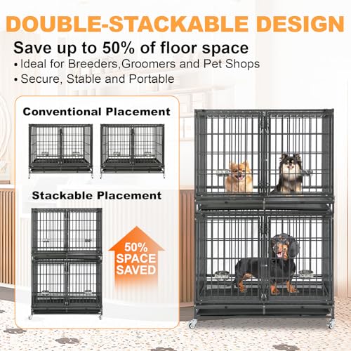 Homey Pet Taller 43" Two Tiers Dog Crate Cage Kennel with Divider, 6 Pack | Commercial Modular Dog Kennel with Dual Front Doors, Divider, Auto Locks, Removable Tray, Bowls for Small and Medium Dogs - size: 43"L - 2 Tiers - 6 Pack