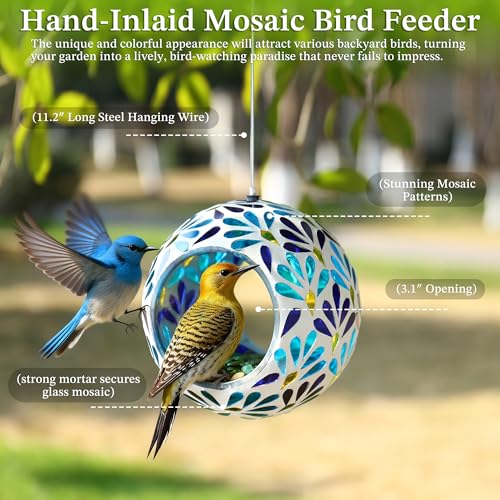 VOREEN Mosaic Glass Bird Feeder, Handcrafted Hanging Fly-Through Feeder for Outdoor Garden & Backyard, Decorative Wild Bird Feeder with Steel Wire Cable – Cool Blue Leaf Mosaic Style - color: Blue peacock