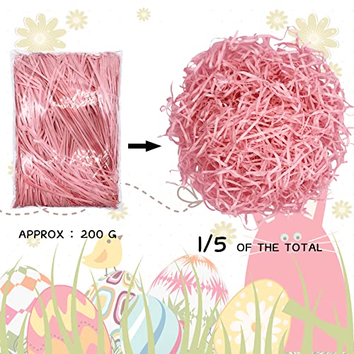 PEVOGON Pink Easter Grass Filler Paper Shreds for Easter Basket Gift Packaging Filling Egg Stuffer Party Supplies Decoration, 200G - color: Pink