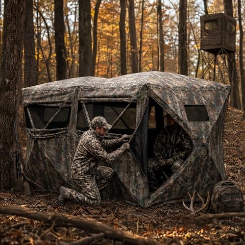 IDEALHOUSE Premium Hunting Blinds with See Through Mesh, Portable Hunting Tent for Deer Turkey and Waterfowl, Quiet Pop Up Ground Blind with Camo Concealment, All Weather Field Shelter with Carry Bag - size: 141.73x71x65.75 Inch