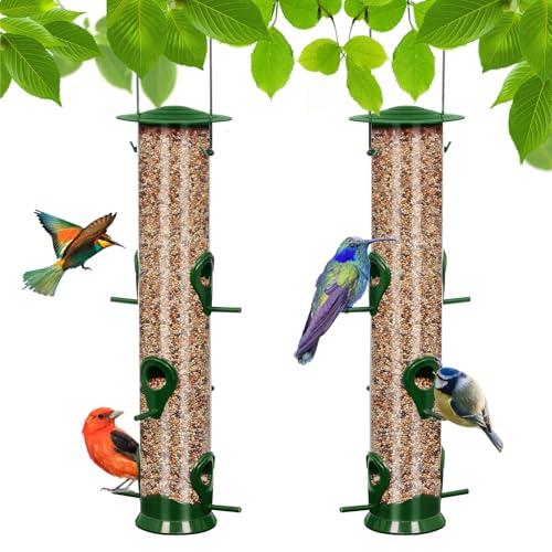 2 Packs Green Bird Feeder Tube Hanging Feeders, 6 Port Wild Bird Feeders Premium Hard Plastic with Steel Hanger Weatherproof and Water Resistant Great for Attracting Birds 18.2 Inches Large - color: 2Packs-green
