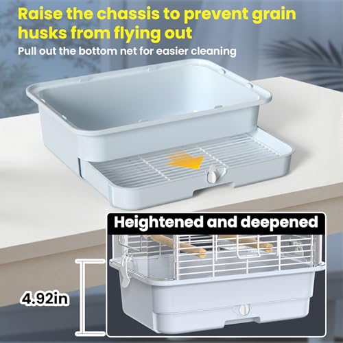 Travel Bird Carrier Cage,Parakeet Portable Cage with Feeder Cup & Standing | Transparent Small Bird Cage,Side-Opening Double Doors,Top Handle,4.9-inch Pull-Out Raised Chassis,Easy to Install