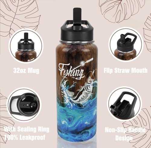 Fishing Water Bottle with Straws Fish Insulated Water Bottle Gifts for Men Dad Papa Husband Fisherman Fathers Day,Anniversary,Christmas,Birthday Travel Thermal Double Walled Vacuum Cup-32 oz - color: brown fishing