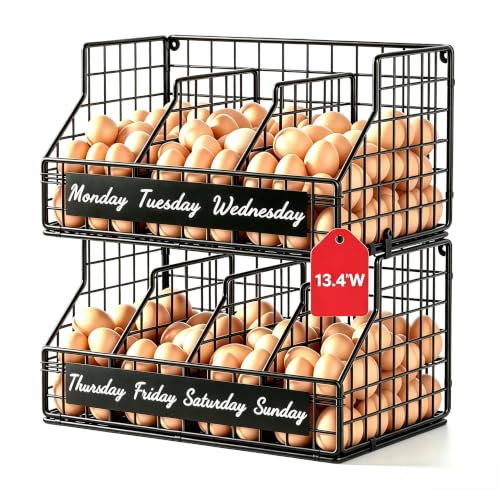 Egg Holder Countertop, 2 Tier Chicken Egg Basket for Gathering Fresh Eggs | Egg Storage Organizer with Adjustable 5 Dividers & Label, Stackable Wall Mounted Egg Collecting Basket Rack, Black - color: 2T Small Black