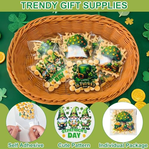 ZYLOP Self-Sealing St. Patricks Cookie Bags – 100PCS 4x4 Inch Green Shamrock Cellophane Treat Candy Goodie Bags, Clear Self-Adhesive Gift Bags for Irish Party, Classroom, Bakery, Holiday Favors - color: St. Patricks 100pcs