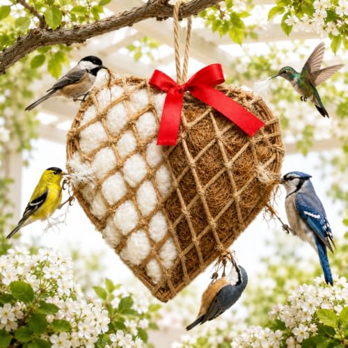 Bird Nesting Material Holder, Hanging Nesting Material Dispenser, Bird Nest Builder with Natural Cotton & Coconut Fiber, Heart Shaped Rattan Holder for Bluebirds, Chickadees, Finches
