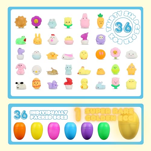 Easter Mochi Squishy Toys 36pcs | Prefilled Eggs with Mini Squishy Toys | Easter Shapes | Basket Fillers, Party Favors, Fidget, Stress Relief, Classroom Prizes, Goodie Bags, Easter Egg Hunt