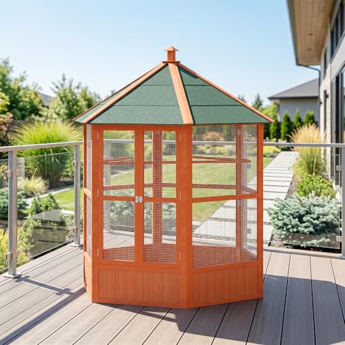PawHut 44" Hexagon Covered Canopy Bird Cage with Stand Orange | Portable Aviary Flight Cage for Cockatiels, Conures, Lovebirds, Budgies & Small Birds