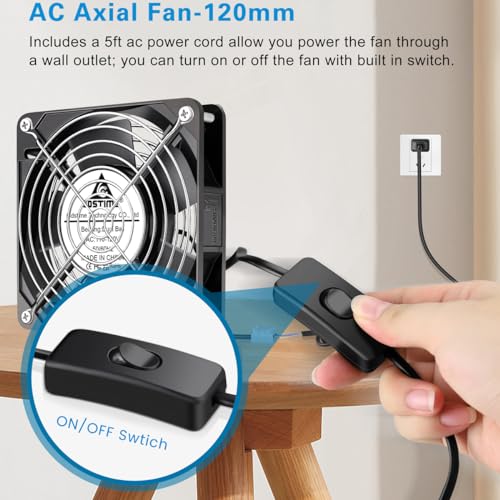 GDSTIME AXIAL 1225 Muffin 120V AC 120mm x 25mm High Speed Dual Ball Bearing | OFF/ON Switch, 110V 115V AC, 120x120x25mm, for DIY Cooling Ventilation Electronics Enclosures Cabinets Exhaust Projects - size: 120x120x25mm