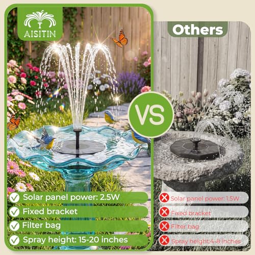 AISITIN 2.5W Solar Bird Bath Fountain Pump, with 6 Nozzles & 4 Fixer | 6.7" Solar Fountain Pump, solar pump for fountain for Garden, Ponds, Pool, Fish Tank, Outdoor and Aquarium