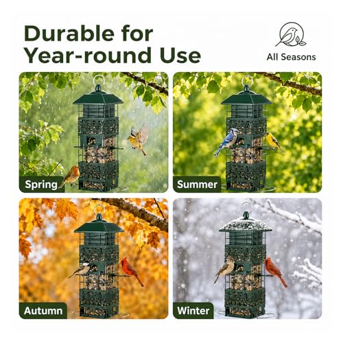 Squirrel Proof Bird Feeder, 2.8LB Weight-Activated Metal Outdoor | Weight-activated guard, metal body, clear seed tube, 4 ports, top-fill, 2.8LB capacity for outdoor backyard bird watching