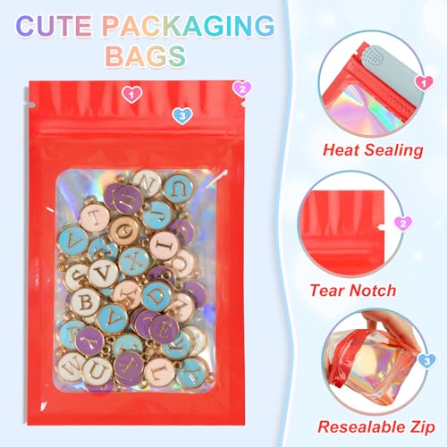 ANZNKU 100PCS Holographic Red Mylar Bags, Resealable Smell Proof 3.1x5.1 | with Clear Window, Small Business Jewelry Candy Treat Freebie Keychain Packaging, Sealable Plastic Zip Goodie Gift Baggies - color: Red, size: 3.1 x 5.1 Inch