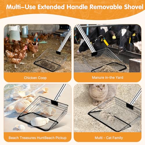 Chicken Coop Scoop, Chicken Poop Scooper for Sand, 10" Wide Heavy-Duty Metal Head, Stainless Steel Handle (36"-68") Ergonomic Chicken Sand, Poop Cleaning Tool, Chicken Coop Essentials