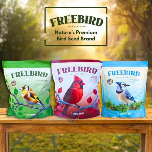 Freebird Premium Songbird Blend Wild Bird Seed for Outdoor Feeders - 5 lb | Premium bird food with black oil sunflower, safflower, millet and peanut pieces. Attracts cardinals, finches and chickadees.