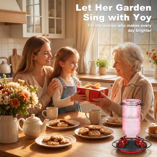 Glass Hummingbird Feeder for Outdoors Hanging, 16 oz Leak-Proof Nectar Feeder with Bee Guards & Ant Moat, 4 Metal Flower Feeding Ports, 360° Perch Ring, Easy Refill & Clean, Pink - color: Pink