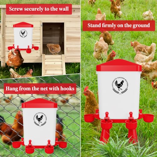 2 Pack 3 Gallon Chicken Waterer with 10 Chicken Water Cups, No Spill Poultry Waterer with Stand Legs, Hooks and Screws, Chicken Water Feeder for Coop, Ducks, Hens, Farm, Backyard Chickens (Red) - color: Red, size: 2pcs