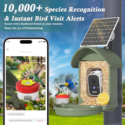 Bird Feeder with Camera, 3K Smart Bird Camera with AI Identification & Bird Bath, Solar Powered Wireless Outdoor Bird House with Spill-Proof Net, Ideal Backyard Watching Gift to Bird Lovers - color: Navy Green