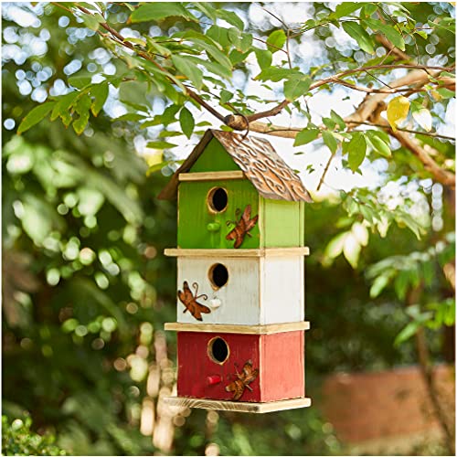 Glitzhome Bird Houses for Outside, 13.75" H Multicolored Three-Tiered Distressed Solid Wood Birdhouse Garden Hanging Bird House for Outdoors - color: 13.75"H Multicolored