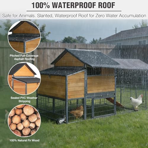 GUTINNEEN Extra Large Mobile Chicken Coop with Wheels, Large Outdoor Hen House with Run for 4-6 Chickens, Wooden Poultry Cage with Nesting Box, Metal Sliding Tray, Waterproof Cover - color: Brown and Black