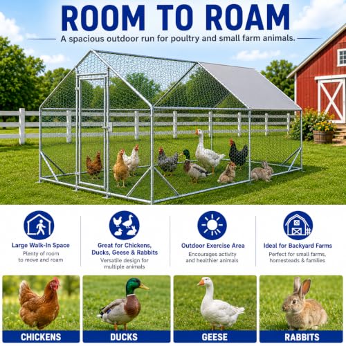 Large Metal Chicken Coop Run with Removable PE Cover, Walk-in Galvanized Steel Poultry Enclosure with PVC-Coated Wire Mesh and Lockable Door for Chickens, Ducks and Rabbits (10'Lx13' W x6.56'H) - size: 10'Lx13' W x6.56'H