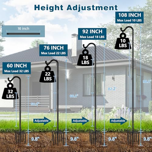 Gtongoko Shepherds Hook for Outdoor, 92 Inch Bird Feeder Pole with 7 Prongs Base, 3/4 Inch Thick Heavy Duty Adjustable Garden Hook for Hanging Plant, Hummingbird Feeder, Lantern, 1 Pack - size: 92 Inch without Baffle