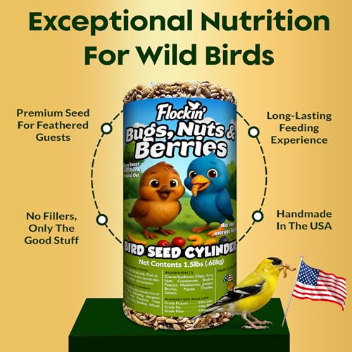 Bugs, Nuts & Berries Bird Seed Cylinders with Hole, Mealworms, 4" x 7.75" | Protein Rich Wild Bird Food with Mealworms, Cylinder Bird Seed, Attracts a Variety of Wild Birds, No Filler, USA Made, 1.5lbs - size: 1-Small