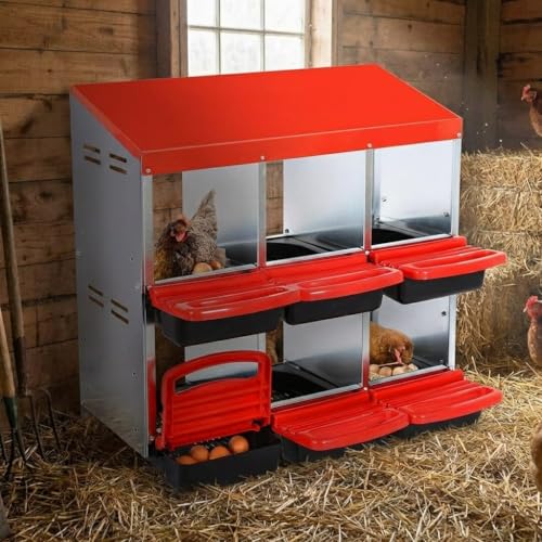 Garvee Chicken Nesting Boxes, 6 Hole Metal Chicken Laying Box with Removable Trays for Chicken Coop, Red - color: red, size: 6 grids