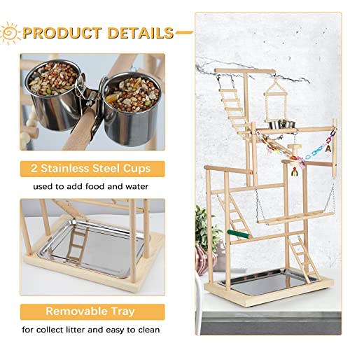 4 Layers Wood Pet Parrot Playstand | Bird Playground, Perch Gym Playpen, Ladder with Feeder Cups Bells, For Cockatiel Parakeet