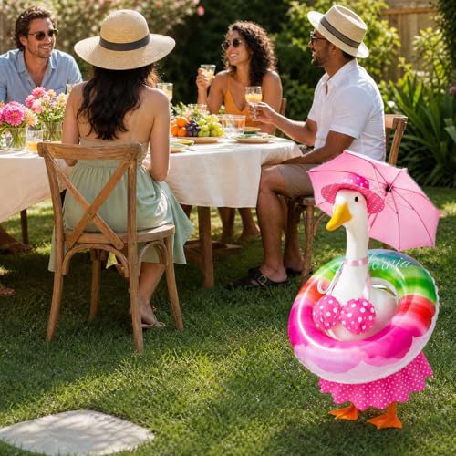 Bikini Porch Goose Outfits - 23" Lawn Goose Statue Pink Summer Costume with Hat, Swim Ring & Parasol - Hawaiian Pink Polka Dot Geese Clothes for Outdoor Patio Yard Decoration - style: Pink dots