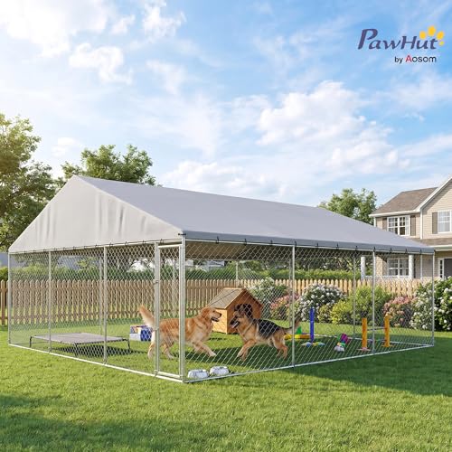 PawHut Outdoor Dog Kennel, 20' x 15' x 8', Waterproof Roof for Large Dogs | Heavy Duty Galvanized Chain Link Pet Enclosure, 2 Secure Lock for Chicken, Duck - size: 236.2"L x 177.2"W x 94.5"H