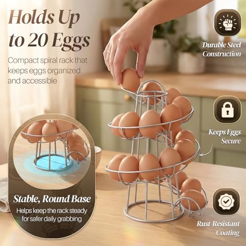 Flexzion Egg Skelter Modern Spiral Egg Holder Countertop (Medium Egg Display) - Freestanding Wired Countertop Egg Holder for Fresh Eggs, Dispenser Stand, Storage Rack for Kitchen, Silver | Wire Chicken Egg Basket and Rotating Skelter Rack for Fresh Egg St