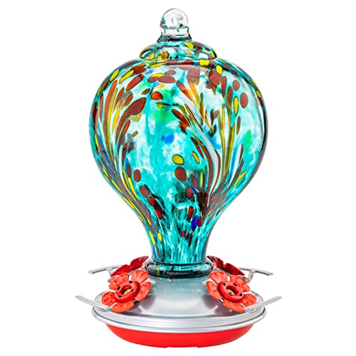 Hummingbird Feeders 32OZ Glass Hummingbird Feeder with Ant Moat, Yard Porch Decor (Teal Blue) | LaElvish Garden Hummingbird Feeders 32OZ Glass Hummingbird Feeder with Ant Moat, Yard Porch Decor (Teal Blue) - color: Teal Blue