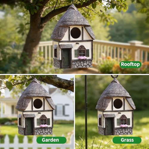 Bird Houses for Outside Cottage Birdhouse with Thatch Roof – Hand-Painted Resin Birdhouses for Outdoors for Bluebird Finches Cardinals Bird Nesting Garden, Patio, Yard - color: White