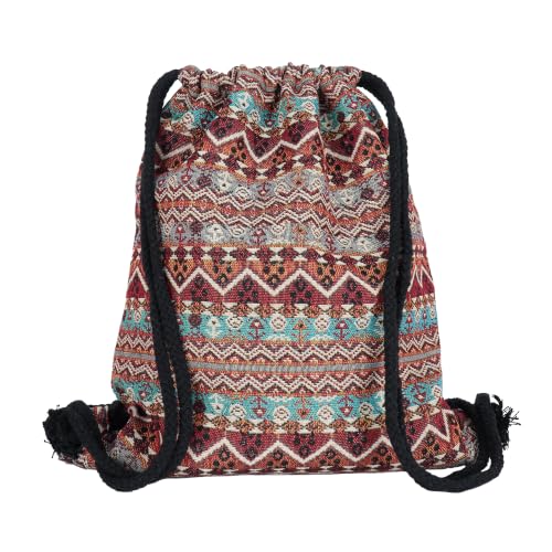 Van Caro Bohemian Drawstring Backpack Light Cinch Bag Gym Sack String Bag - color: D-black