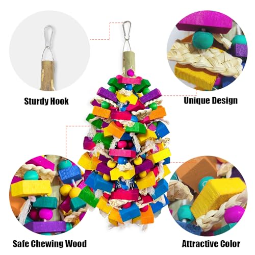 Large Parrot Chew Toys, Colorful Natural Wood Hanging Shredding Toy, Heavy Duty Beak Grinding Enrichment Toy for Macaw, Cockatoo, African Grey Large Bird Cage Accessories