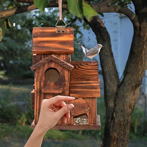 MIXUMON Bird House Outdoor, 6-Room Wooden Birdhouse for Outdoors & Outside, Carbonized Pine Wood Bird Houses with 1.57” Entrance & Easy Clean-Out Doors
