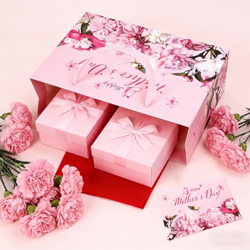Mothers Day Gift Bag(13.8x9.8x4.2 Inch) with Tissue Paper Greeting Card Large Pink Flower Paper Bags Happy Mother's Day Celebration Gift Wrap Unique Floral Goodie bag Pouch Baggies Mom for Grandma - color: Mothers Gift Bag