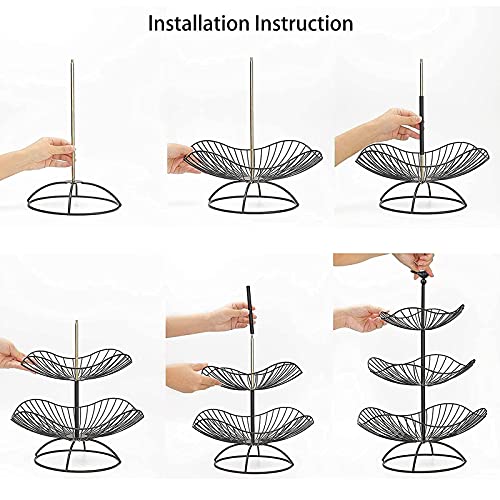 easyBee 3-Tier Fruit Basket Tower Stand, Metal Wire Construction, Vegetable Tiered Shelf, Tall Standing Produce Holder, Serving Basket for More Counter Space, 31 x 25 x 20 cm - Black