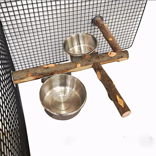 Stainless Steel Bird Feeding Bowl with Wooden Perch for Parakeets, Budgies, Lovebirds and Parrots