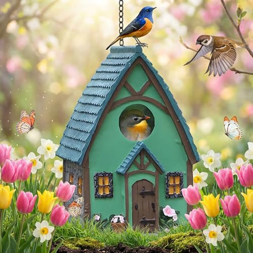 Bird House for Outside, Resting Place for Birds, Hanging Natural Bird Nest, Bluebird House Handcrafted Hut - Green - color: B-Green Bird House