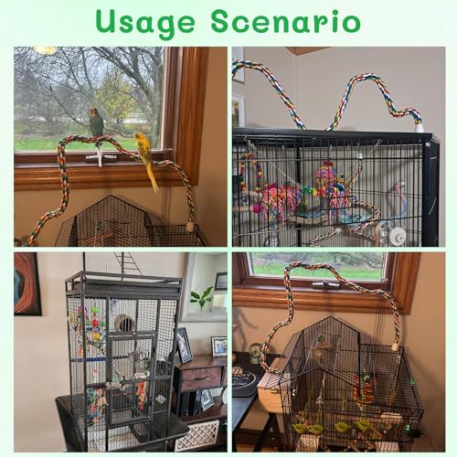 48" Bird Rope Perch & 2 Pack 7.9" Pepper Wood Perch Set, Flexible Climbing Toy & Bird Cage Perches for Parakeets, Cockatiels, Budgies, Lovebirds & Small to Medium Birds