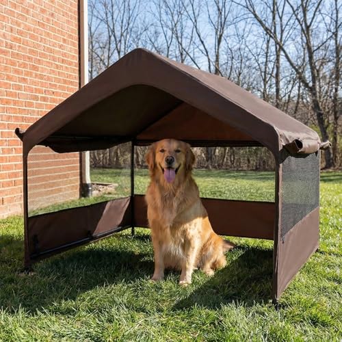 Outdoor Dog Tent, 4'x4'x3' Dog Shade House Shelter for Large Medium Pets | Outside Sun Rain Waterproof Dog Canopy with Three-Sided Breathable Mesh Windows, Livestock House with Ground Nails, Brown - color: Brown (Breathable Mesh Windows)