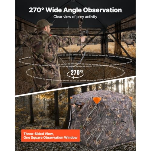 Pop-Up Ground Hunting Shelter Tent, 270° One-Way See Through Spacious Shelter with Silent Zipper Door and Carrying Bag, Waterproof Fabric, Suitable for Deer, Turkey Woodland Hunting