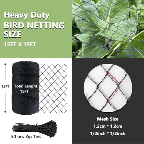 Bird Netting 15x15 FT,1/2" Mesh Heavy Duty Garden Netting | Black Net Pest Barrier for Fruit Trees,Chicken Coop,Pond,Poultry & Deer Netting,Plant Protection,50PCS Zip Ties - size: 15' x 15'