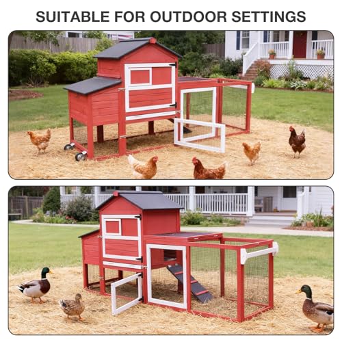 Large Chicken Coop with Wheels, Outdoor Wooden Hen House with Run & Nesting Box, for 3-5 Chickens, Waterproof Asphalt Roof, Leakproof Tray, Expandable Poultry Cage-Red - color: Red (AIR72-R)