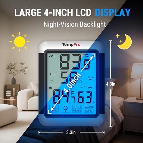 TempPro TempAir Indoor Outdoor Thermometer Digital Wireless Hygrometer | Temperature Humidity Monitor with Jumbo Touchscreen and Backlight Humidity Gauge,LCD - size: In-Outdoor