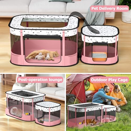 Portable Cat Playpen with litter box area, Foldable Pet Dog Playpen, for Kitten Puppy Play Pen Indoor/Outdoor, Cats Enclosure Cages Tent with Carrying Case, 600D Oxford 8-Rods, 32"x24"x22", Pink - color: Pink